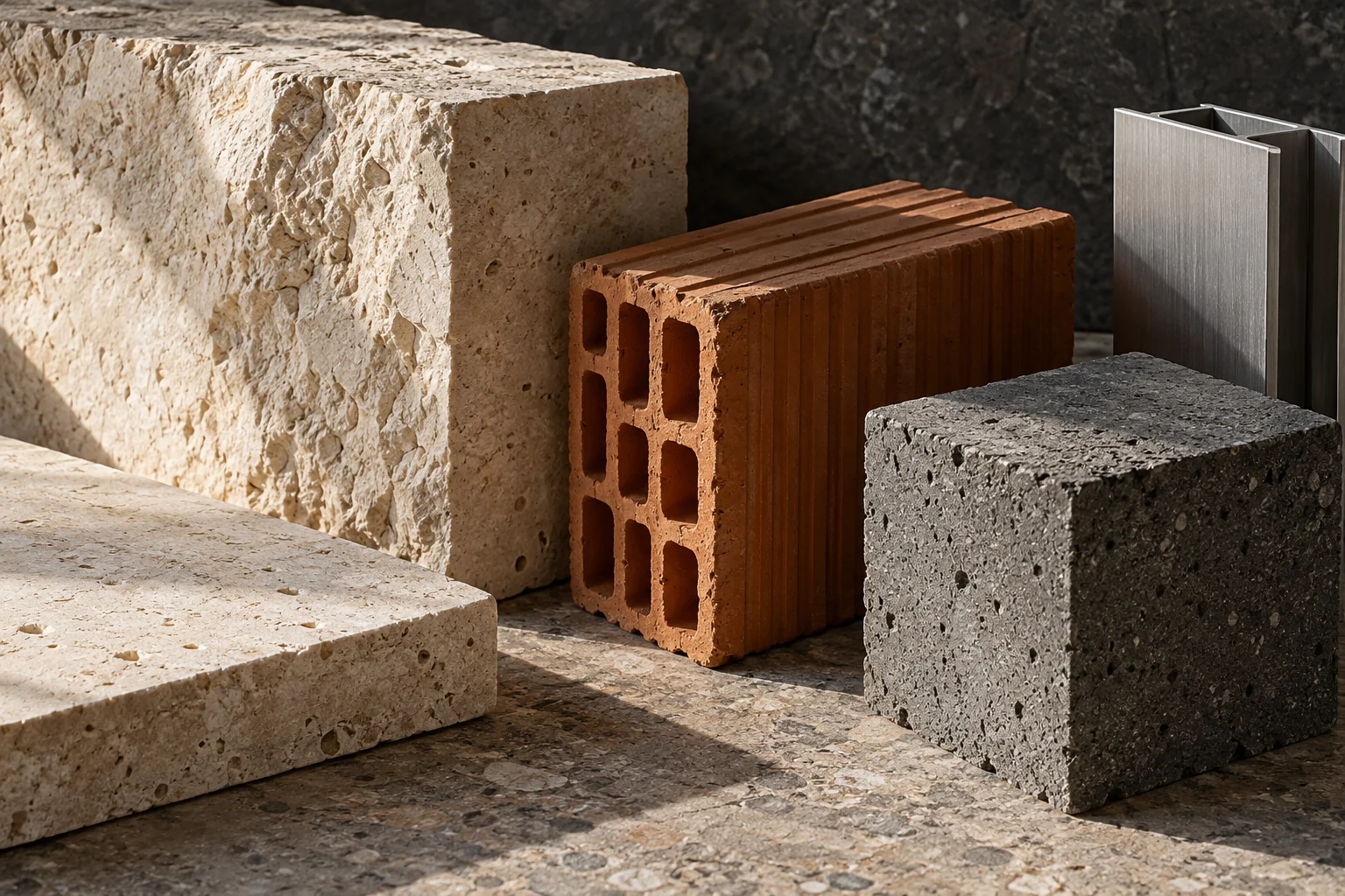 Doğal taş, tuğla, beton ve metal yapı malzemeleri